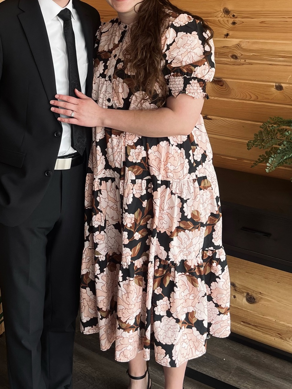 Who What Wear Black Midi Dress with Pink Floral Print - Picture 2 of 5